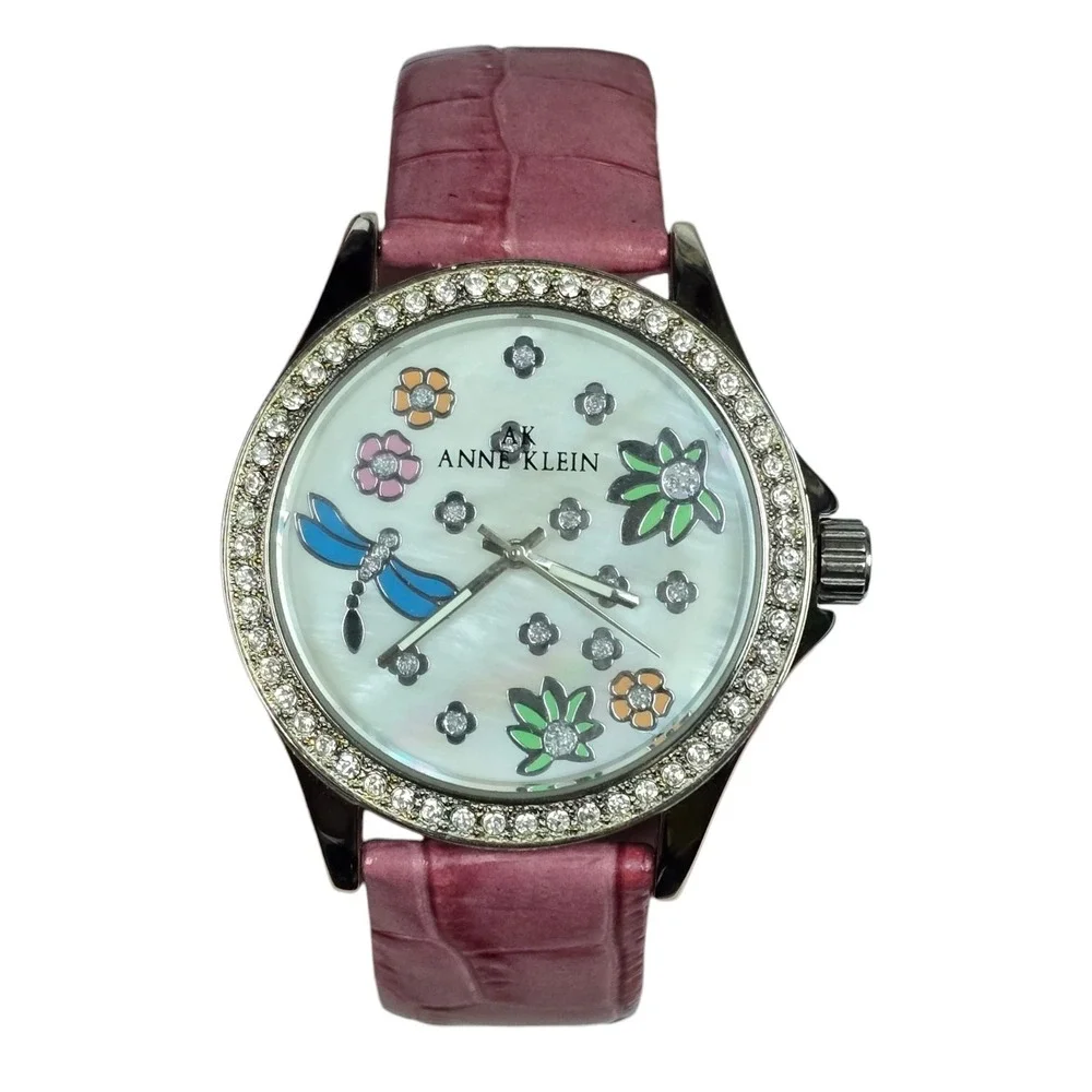 Anne Klein Women Watch 10/8859 Silver‎ Pink Leather Dragonfly Flower Crystal MOP